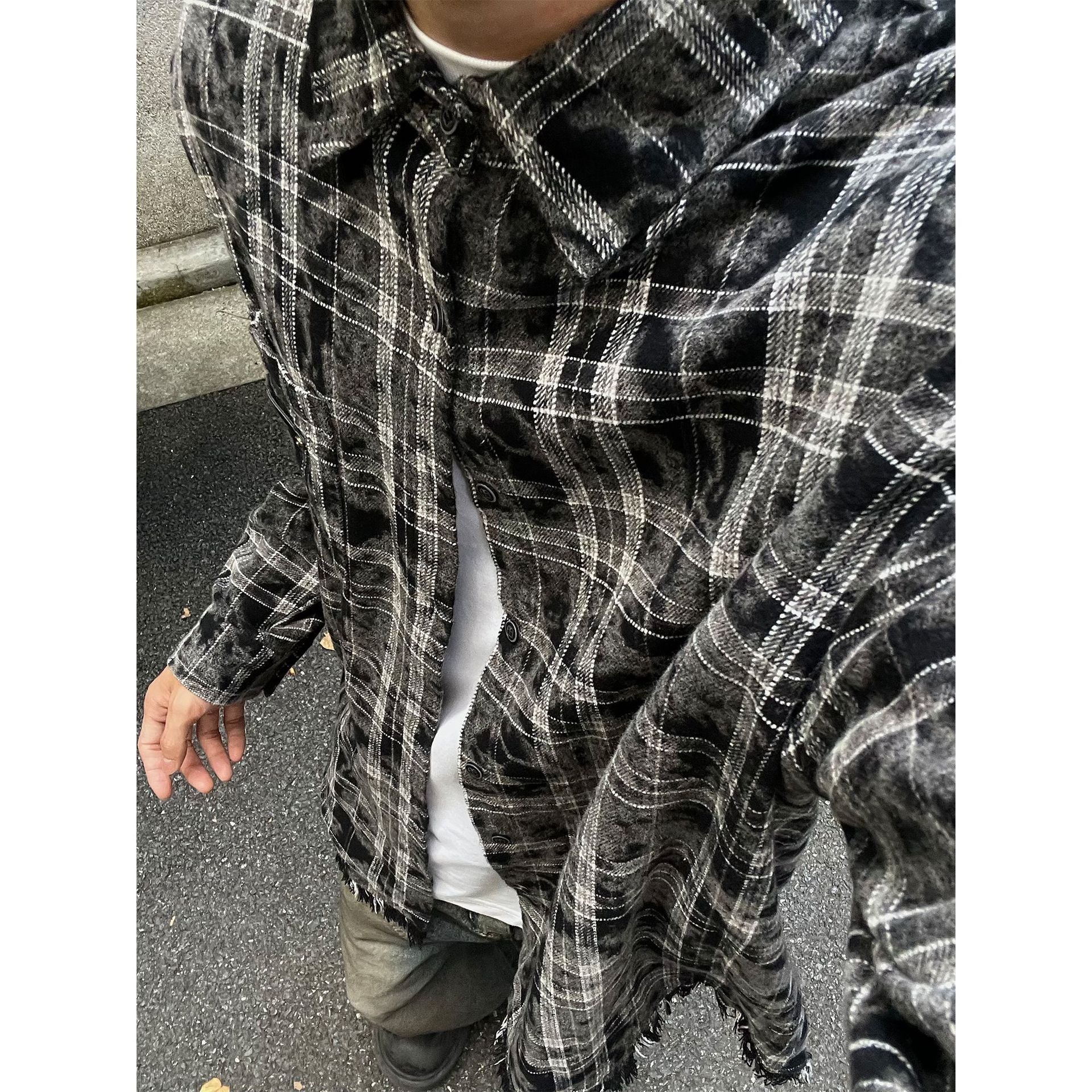 Voguable skater boy outfits American High Street Retro Niche Tie-Dyed Plaid Destroyed Frayed Shirt Shirt Men's Loose Autumn Long Sleeve Coat Fashion voguable