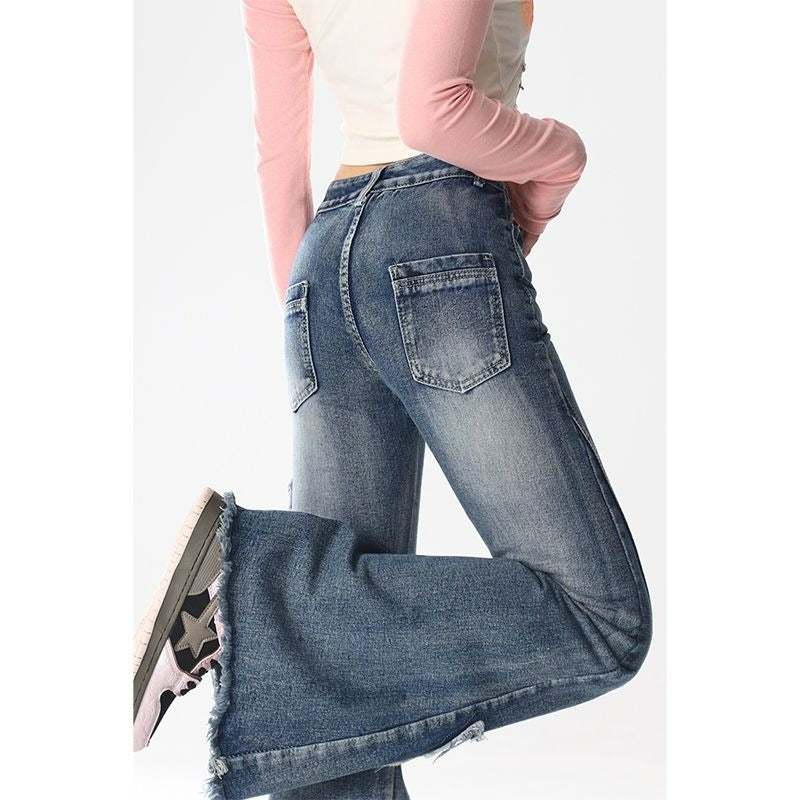 Voguable 2000s fashion American Retro Butterfly Embroidered Micro Flared Jeans for Women New Popular Design High Waist Mopping Pants voguable