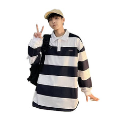 Voguable black men fashion urban Retro Color Matching Striped Long-Sleeved Polo Shirt Men's Fashion Brand Loose Boyfriend Style Couple Casual Sweater Jacket voguable