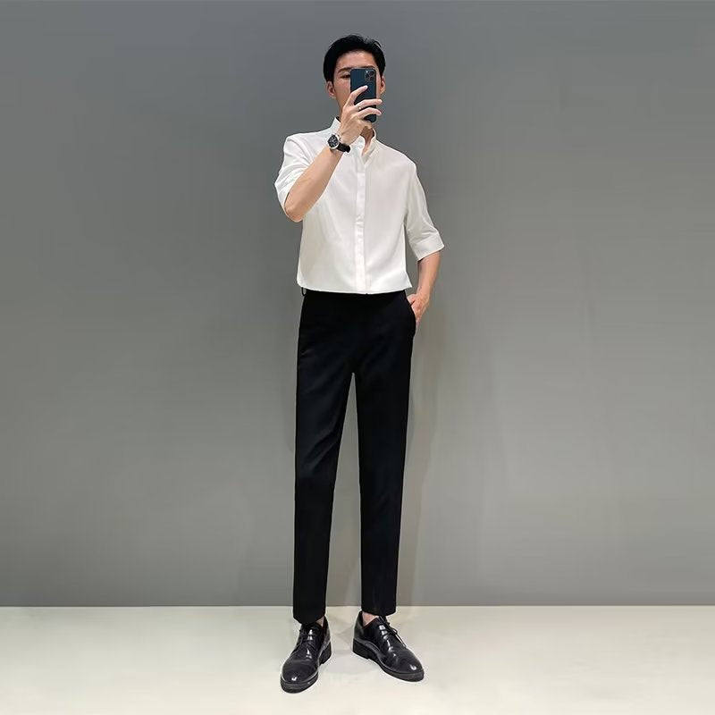 Voguable classy outfits men New Chinese Style Stand Collar Short-Sleeved Shirt Men's Summer New Niche Shirt Trendy Ice Silk Drape All-Match Top voguable