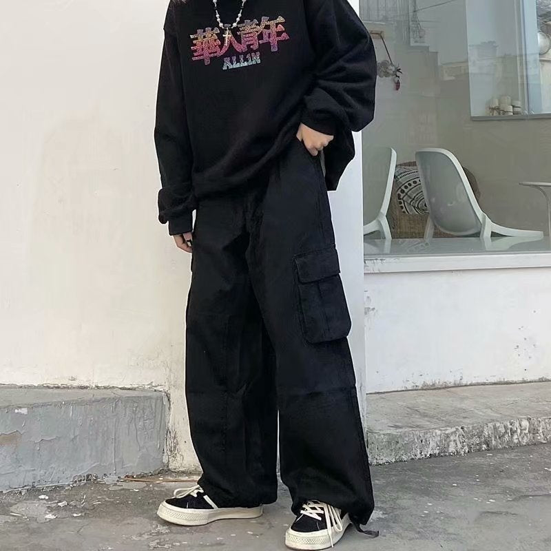 Voguable 90s streetwear Men's Stitching Overalls Spring and Autumn New Loose Korean Style Drawstring Casual Pants Youth Gas Straight Pants voguable