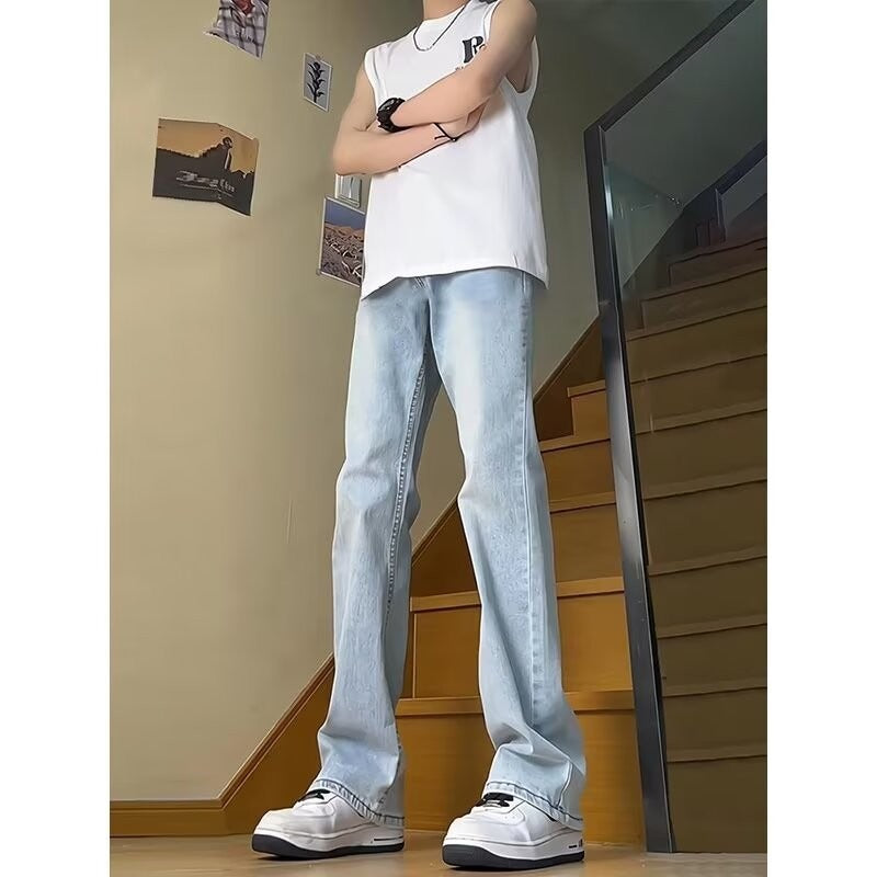 Voguable masc outfits Retro Blue Narrow Slim Jeans Men's Summer Vintage Washed American Pants High Waist Slimming Flared Pants voguable