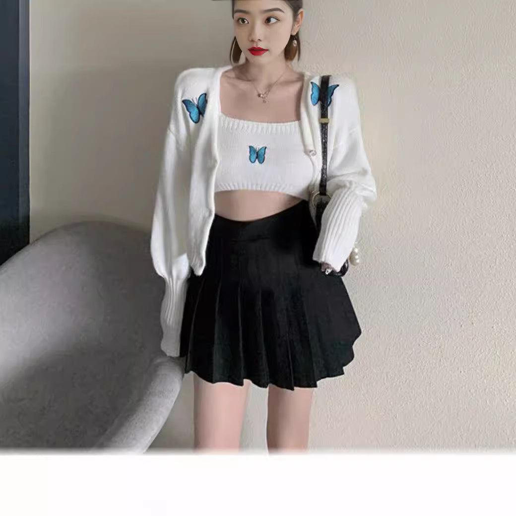 Voguable outfit Autumn New Korean Style Preppy Style Butterfly Embroidered Princess Sleeve Short Sling Coat Two-Piece Cardigan for Women voguable