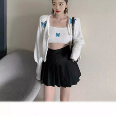 Voguable outfit Autumn New Korean Style Preppy Style Butterfly Embroidered Princess Sleeve Short Sling Coat Two-Piece Cardigan for Women voguable