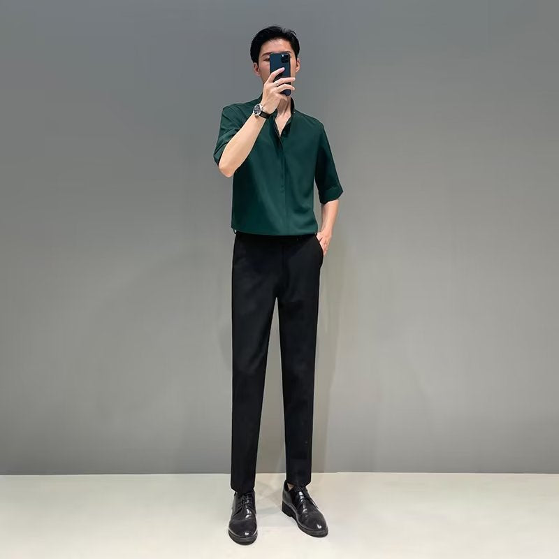 Voguable classy outfits men New Chinese Style Stand Collar Short-Sleeved Shirt Men's Summer New Niche Shirt Trendy Ice Silk Drape All-Match Top voguable