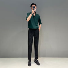 Voguable classy outfits men New Chinese Style Stand Collar Short-Sleeved Shirt Men's Summer New Niche Shirt Trendy Ice Silk Drape All-Match Top voguable