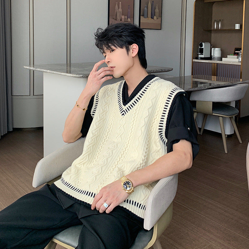 Voguable mens fashion Shanlitadi Autumn and Winter College Style Twist Sweater Men's Casual V-neck Vest Sweater Korean Style Loose Waistcoat Top voguable
