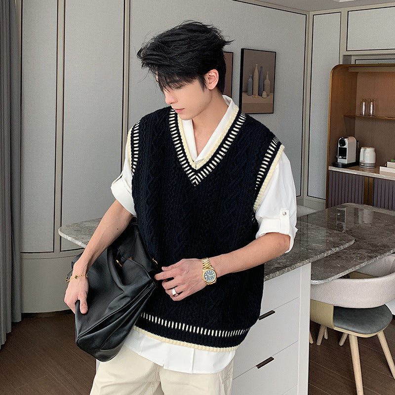 Voguable mens fashion Shanlitadi Autumn and Winter College Style Twist Sweater Men's Casual V-neck Vest Sweater Korean Style Loose Waistcoat Top voguable