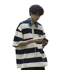 Voguable masc outfits American Retro Design Striped Top Men's and Women's Summer Loose All-Match College Style Couple Polo Shirt Short Sleeve Fashion voguable