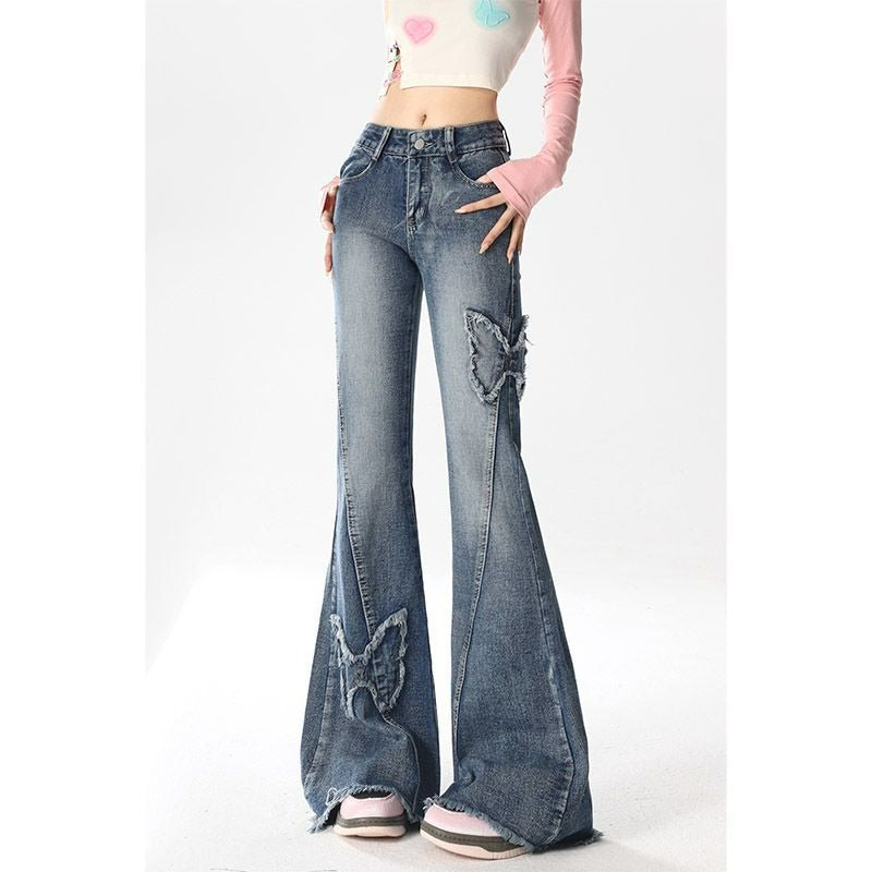 Voguable 2000s fashion American Retro Butterfly Embroidered Micro Flared Jeans for Women New Popular Design High Waist Mopping Pants voguable