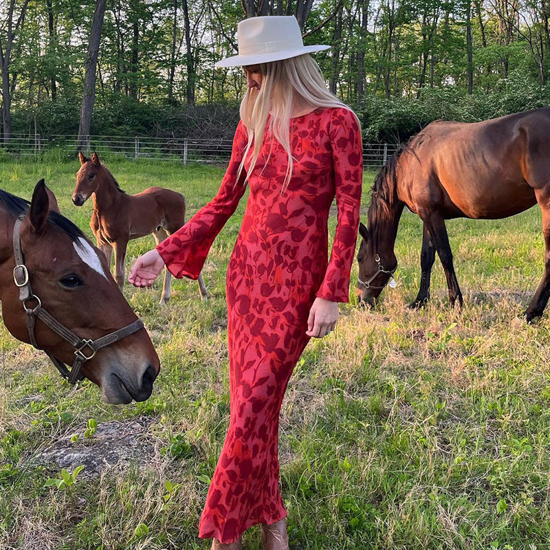 Voguable 2000s fashion Bohemian Summer New Printed Dress Women's Style Sexy Hot Girl Perspective round Neck Long Sleeve Dress voguable