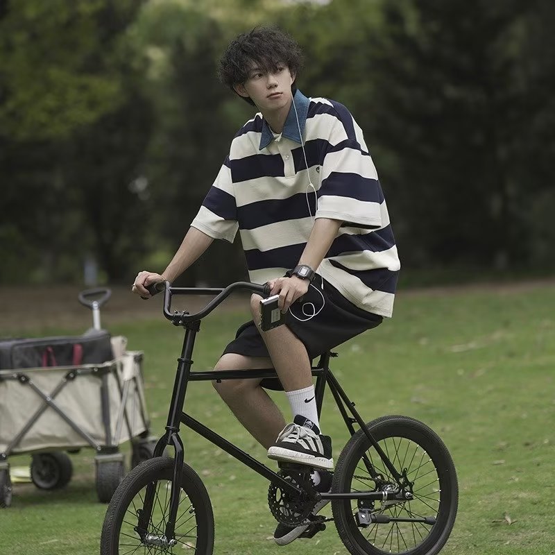 Voguable masc outfits American Retro Design Striped Top Men's and Women's Summer Loose All-Match College Style Couple Polo Shirt Short Sleeve Fashion voguable