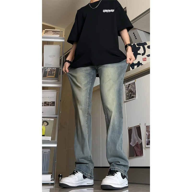 Voguable masc outfits Retro Blue Narrow Slim Jeans Men's Summer Vintage Washed American Pants High Waist Slimming Flared Pants voguable
