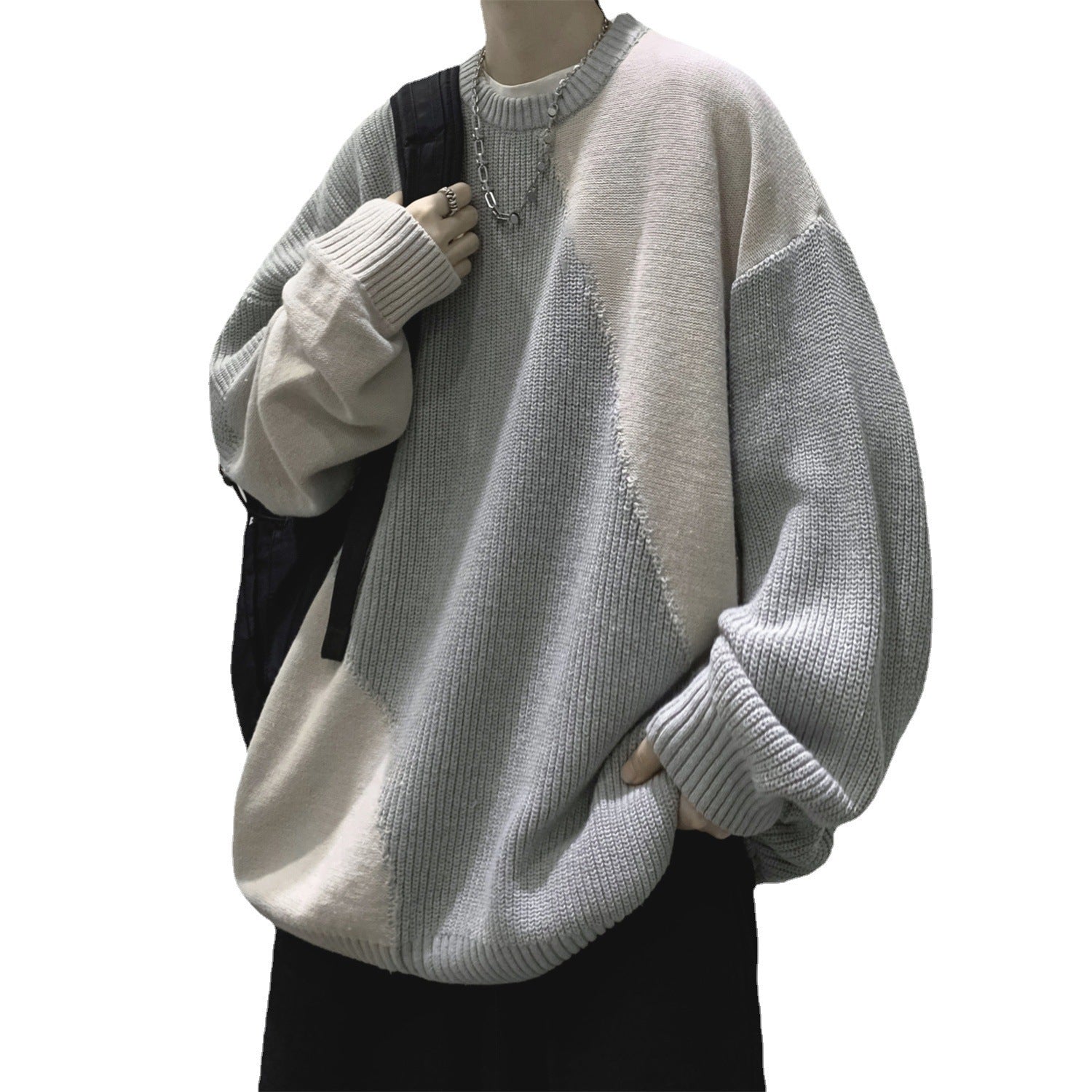 Voguable 90s streetwear round Neck Sweater Men's Winter New Fashion Brand Sweater Coat Design Sense Niche Stitching Contrast Color Sweater voguable