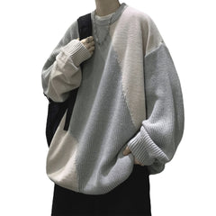 Voguable 90s streetwear round Neck Sweater Men's Winter New Fashion Brand Sweater Coat Design Sense Niche Stitching Contrast Color Sweater voguable