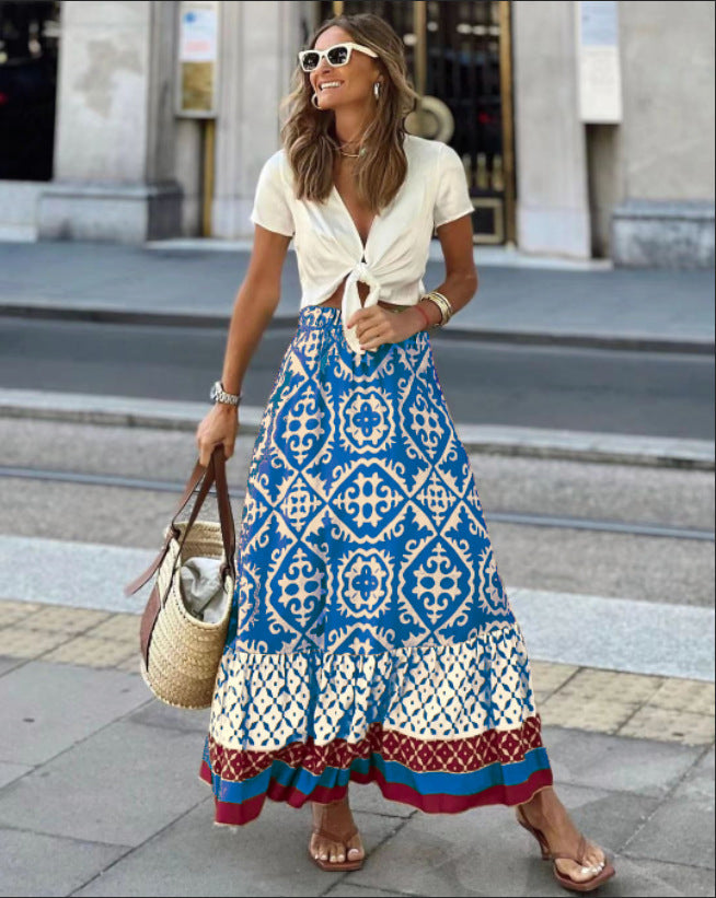 Voguable  Summer Bohemian Skirts Autumn New Sexy Women's Beachwear Cover-Ups Skirts Fashion Ladies Floral Printing High Waist Long Skirt voguable