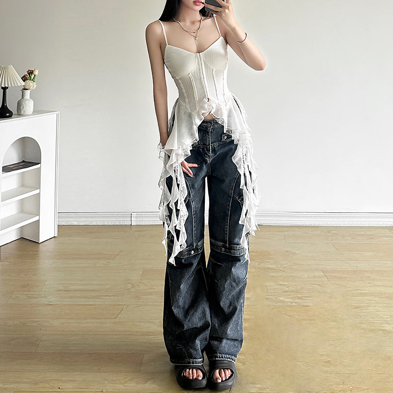 Voguable summer outfits inspo Style Summer New Women's French Strap Dress Irregular Ruffled Waist Tight Solid Color Vest voguable