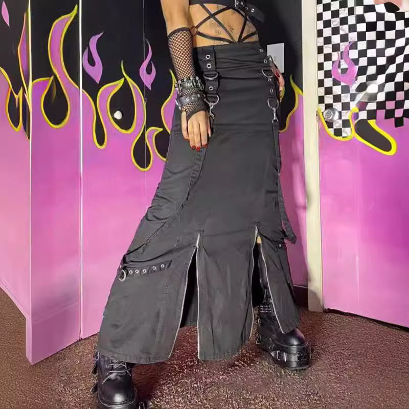 Voguable 2000s fashion Autumn New Women's Clothing Street Hipster Workwear Style Zipper Slit High Waist Mid-Length Skirt voguable
