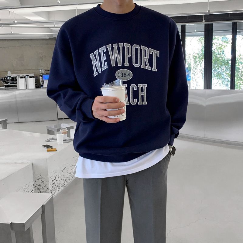 Voguable 90s fashion men Myq Letter Embroidered Sweater Men's Spring Korean Style Loose Trendy All-Match Cotton Pullover round Neck Long Sleeve Top voguable