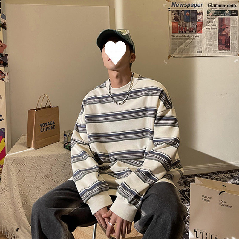 Voguable masc outfits Spring and Autumn Contrast Color Striped Shirt Men's Loose Clothes Pullover Casual round Neck Sweater Coat voguable