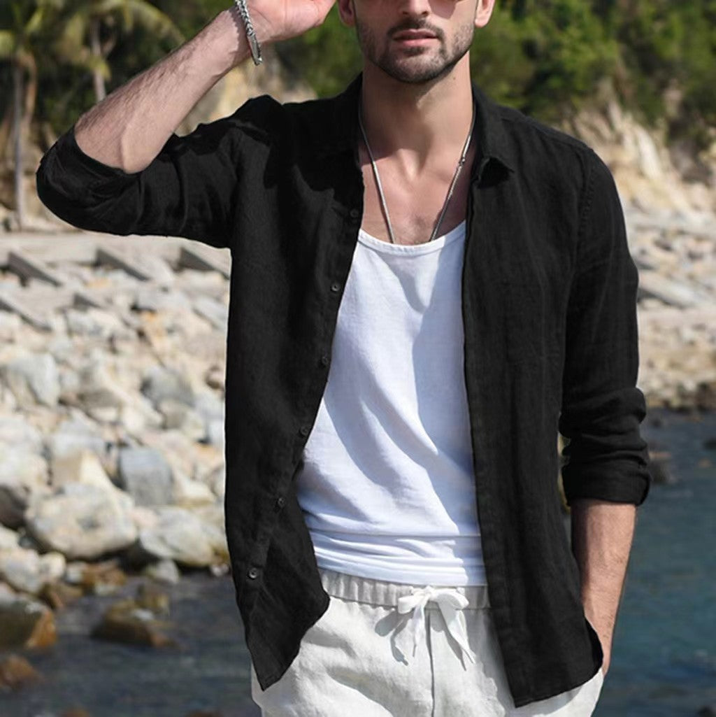 Voguable men’s fashion Pure Cotton Solid Color Long-Sleeved Shirt Men's Youth Casual Cardigan Shirt Men's Coat Promotion voguable