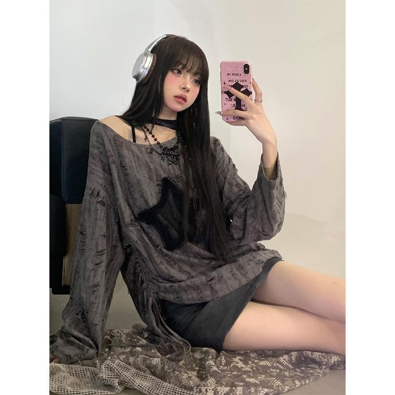 Voguable grunge dti Japanese Style Drawstring Gray Functional Style Hot Girl T-shirt Autumn Women's Top Star Ripped Loose Long Sleeve Bottoming Shirt Trendy voguable