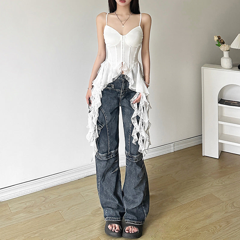 Voguable summer outfits inspo Style Summer New Women's French Strap Dress Irregular Ruffled Waist Tight Solid Color Vest voguable