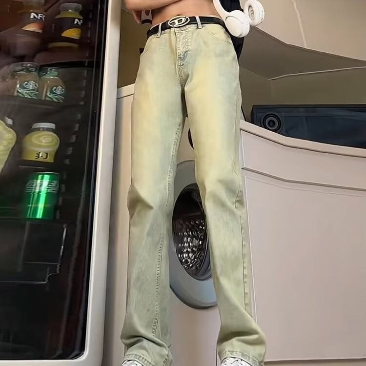 Voguable masc outfits Retro Blue Narrow Slim Jeans Men's Summer Vintage Washed American Pants High Waist Slimming Flared Pants voguable