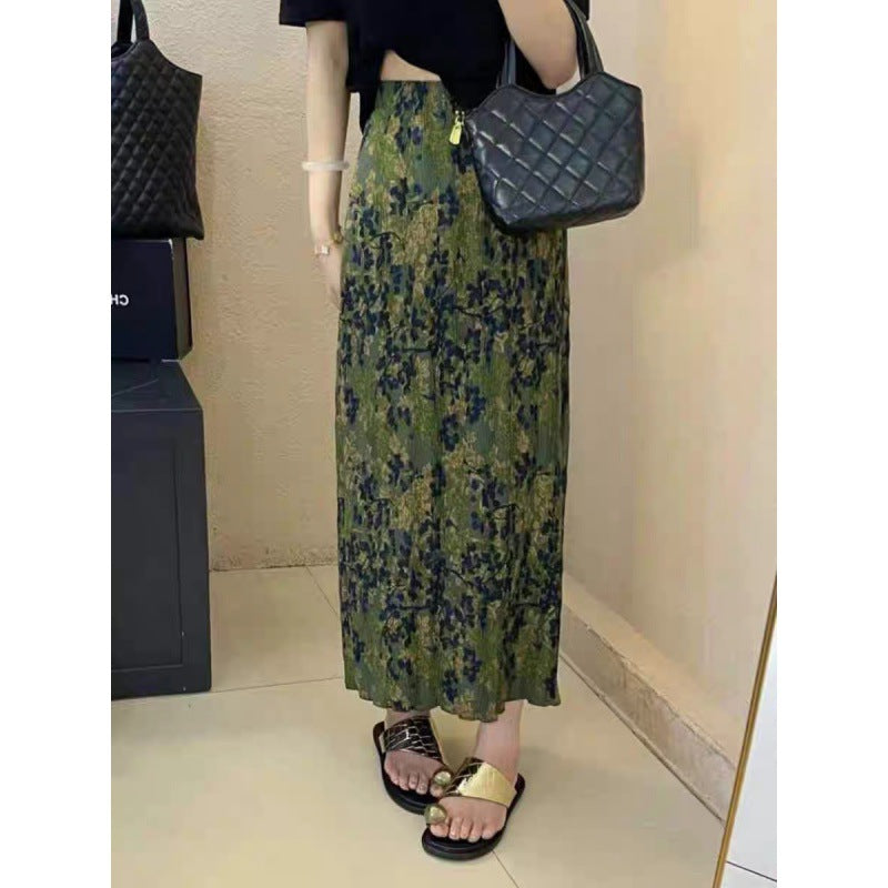 Voguable grunge outfits French Style Retro Tight Loose Waist Floral Skirt Women's Summer New Small High Waist Drape Pleated Split A- line Skirt voguable