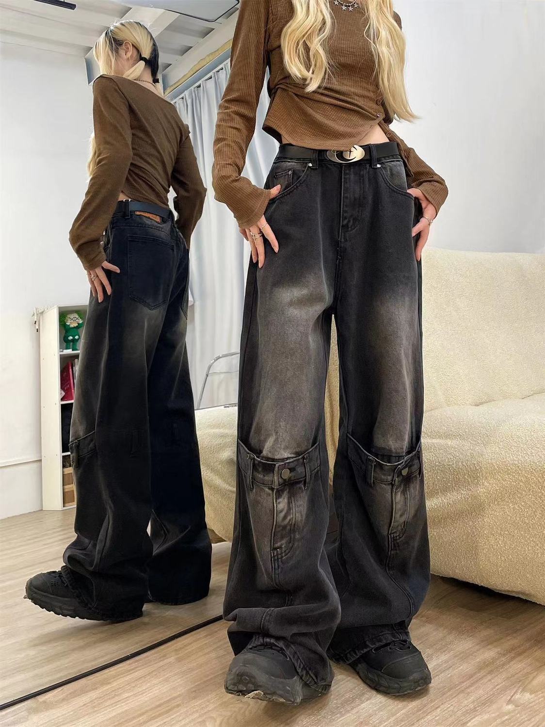 Voguable grunge dti American-Style Retro Black Stitching Ripped Jeans Women's High Street Loose Straight Wide-Leg Mopping Pants voguable