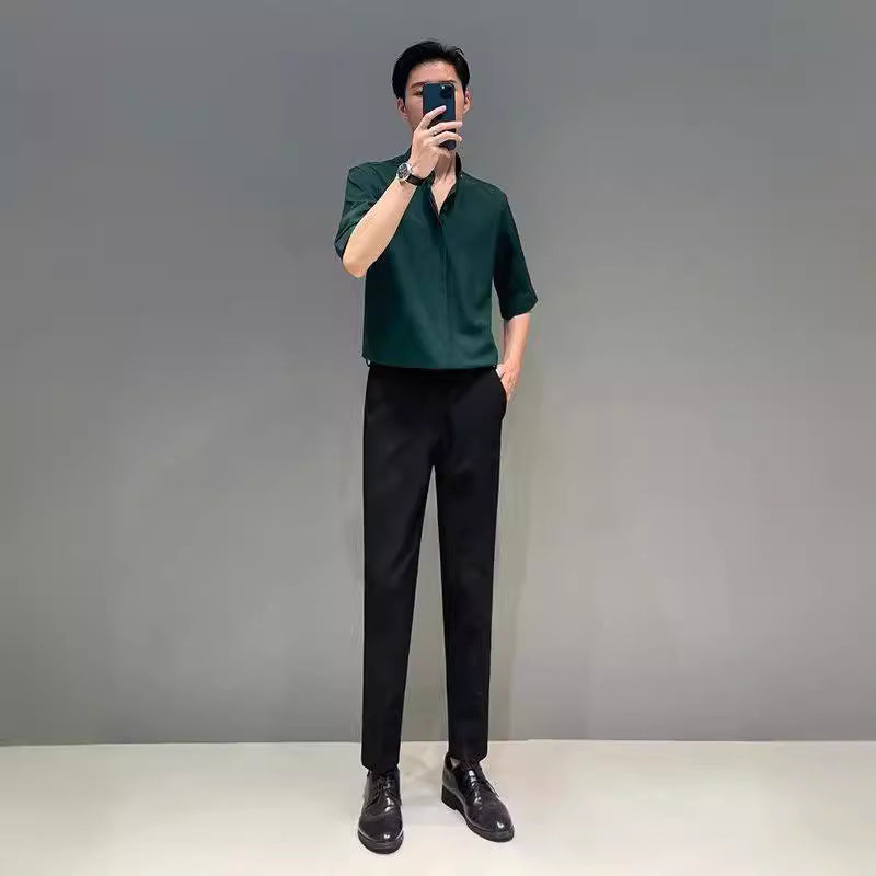 Voguable classy outfits men New Chinese Style Stand Collar Short-Sleeved Shirt Men's Summer New Niche Shirt Trendy Ice Silk Drape All-Match Top voguable