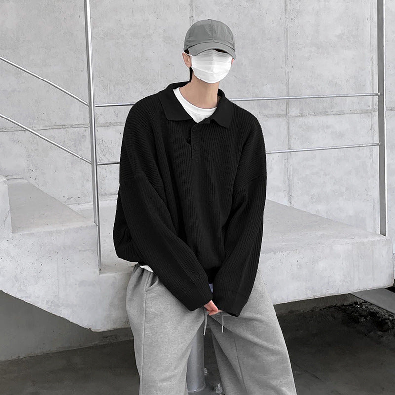 Voguable mens fashion Myq Lapel Long-Sleeved Sweater Men's Autumn Korean Style Loose High-Grade Lazy Style Solid Color Polo Collar Sweater voguable
