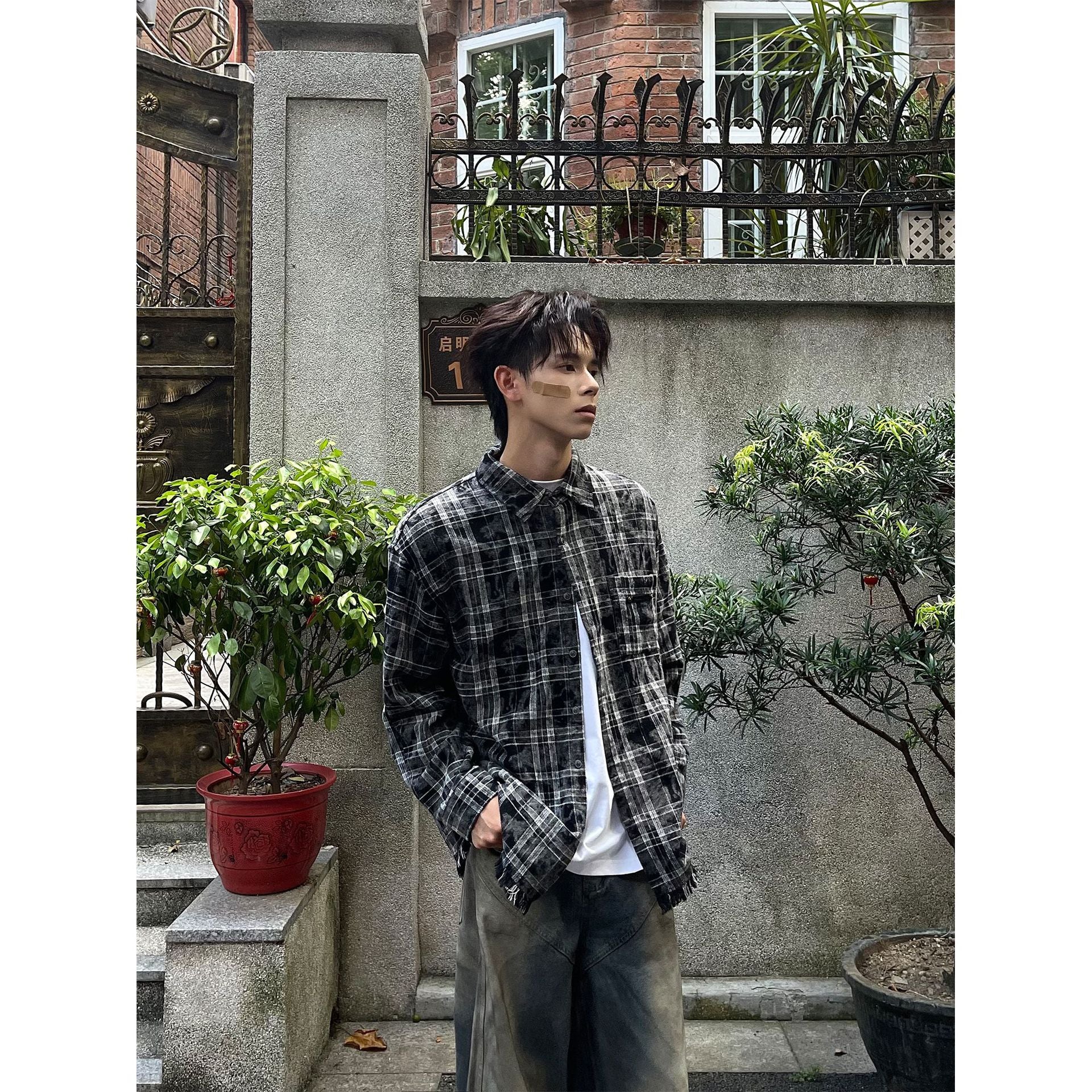 Voguable skater boy outfits American High Street Retro Niche Tie-Dyed Plaid Destroyed Frayed Shirt Shirt Men's Loose Autumn Long Sleeve Coat Fashion voguable