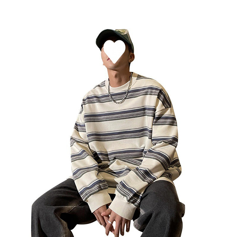 Voguable masc outfits Spring and Autumn Contrast Color Striped Shirt Men's Loose Clothes Pullover Casual round Neck Sweater Coat voguable