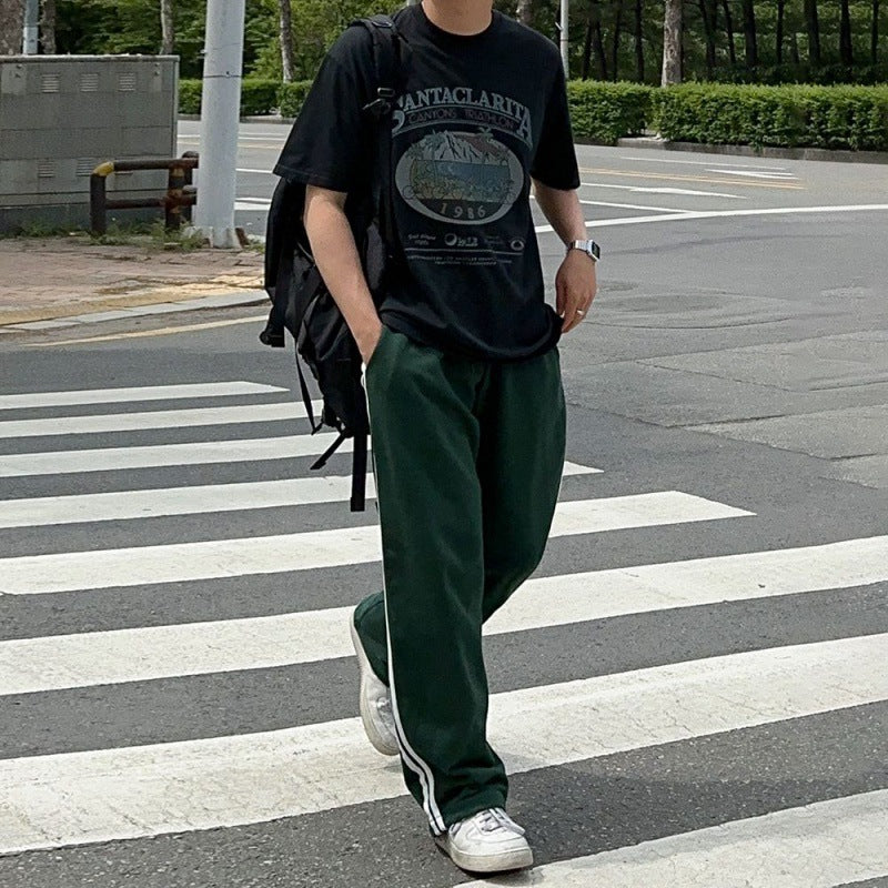 Voguable men outfits Myq Contrast Color Striped Casual Pants Men's Summer Cotton Sports Pants Korean Style Loose Draping Straight Sweatpants voguable