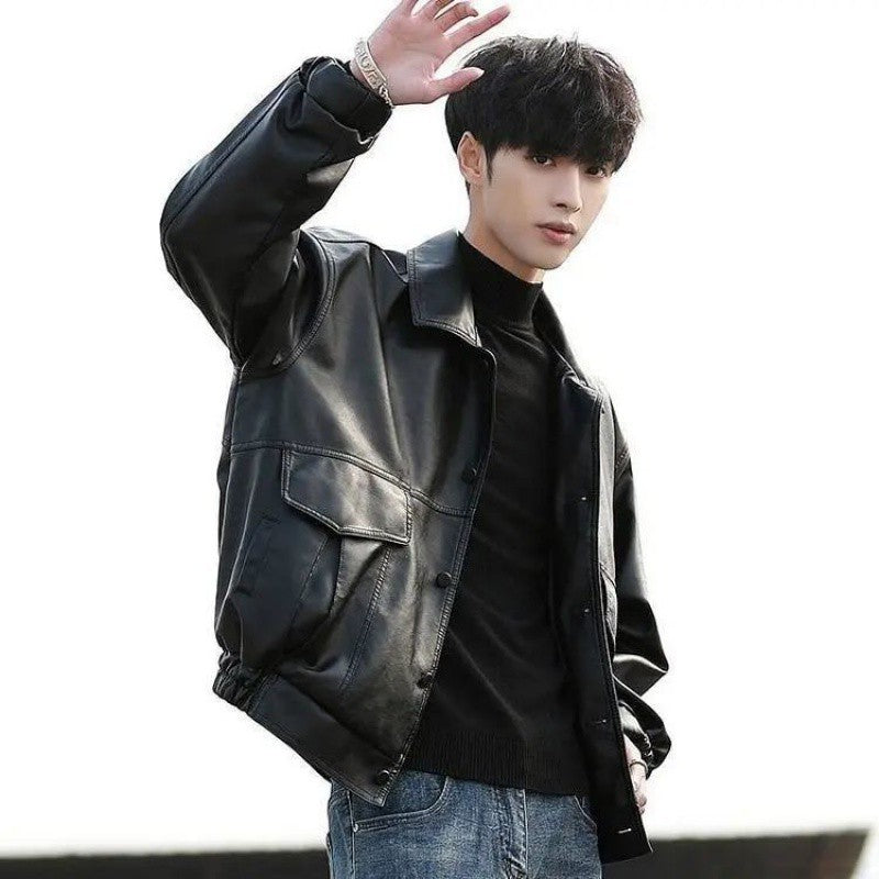 Voguable bomber jacket Korean Style Trendy Loose Leather Jacket Men's Short Motorcycle Clothing Student Pilot Leather Jacket Spring and Autumn plus Size Coat voguable