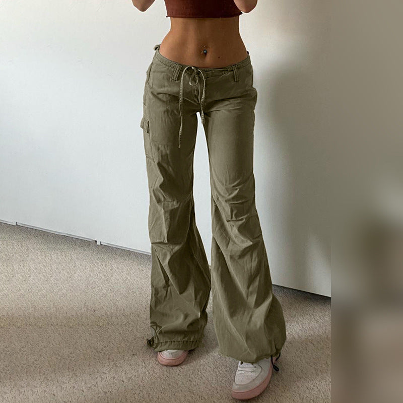 Voguable 2000s fashion Women's Spring Fashion Bow Lace-up Pocket Overalls Low Waist Slimming Casual Ankle-Tied Pants voguable