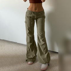 Voguable 2000s fashion Women's Spring Fashion Bow Lace-up Pocket Overalls Low Waist Slimming Casual Ankle-Tied Pants voguable