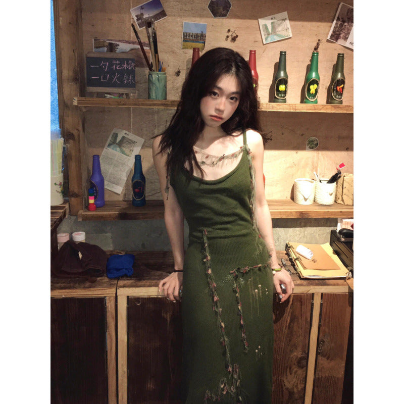 Voguable outfit inspo Spring and Autumn Retro Green Knitted Sling Dress Women's Hot Girl Style Tight Waist Outer Wear Ripped Sheath Long Skirt voguable
