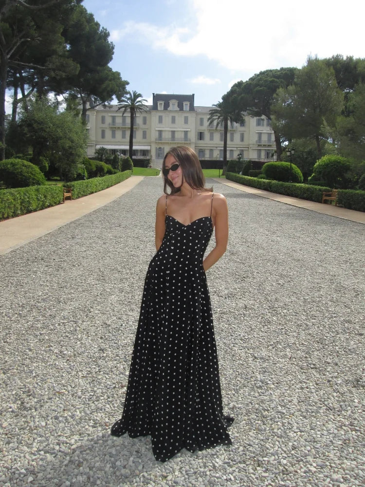 Polka Dot Printed Spaghetti Strap Long Robes Summer Classic High-waist A-line Party Dress Lasy Streetwear Maxi Dresses voguable