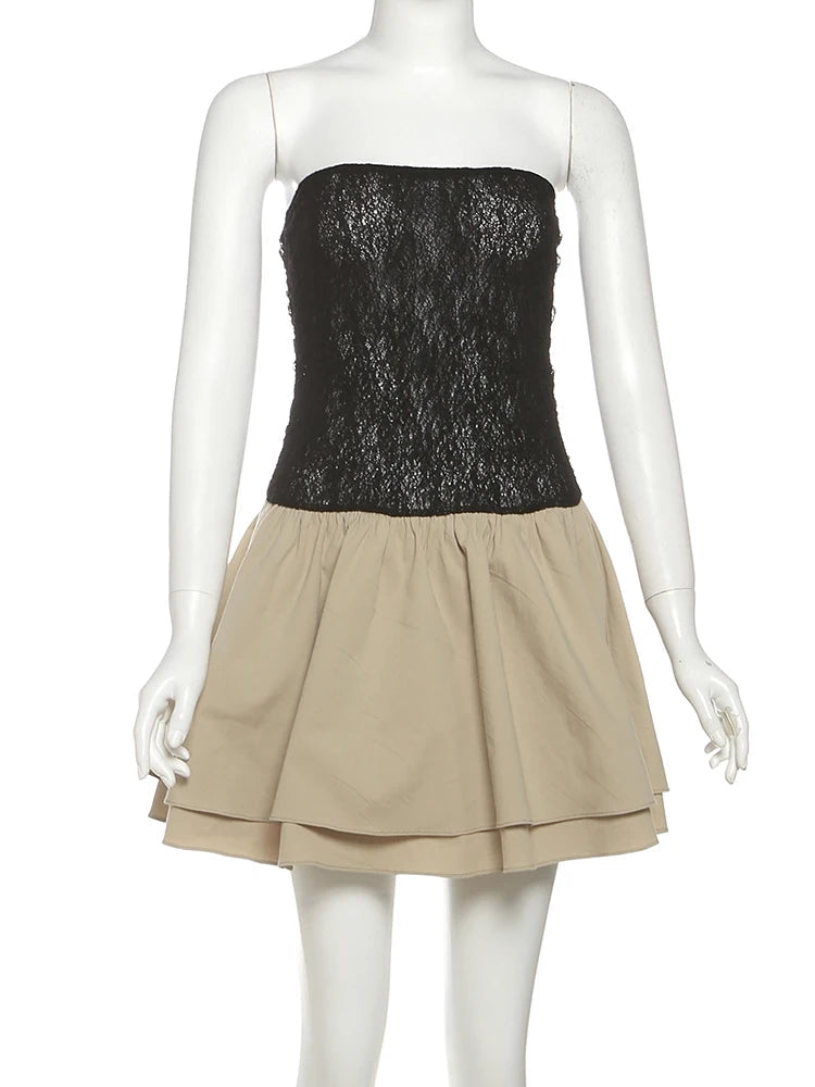 Weird Puss Patchwork Lace Dress Women Sexy Thin Wrap Bubbles Hem Sleeveless Backless Summer Midnight Skinny Street Mini Bodycon voguable