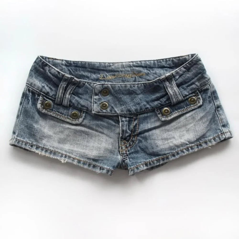 Voguable  Y2K Retro Washed Denim mini Shorts for Women, Low Waisted Lace up Retro Ultra Short Jeans, Gothic Street Style Hot Pants voguable