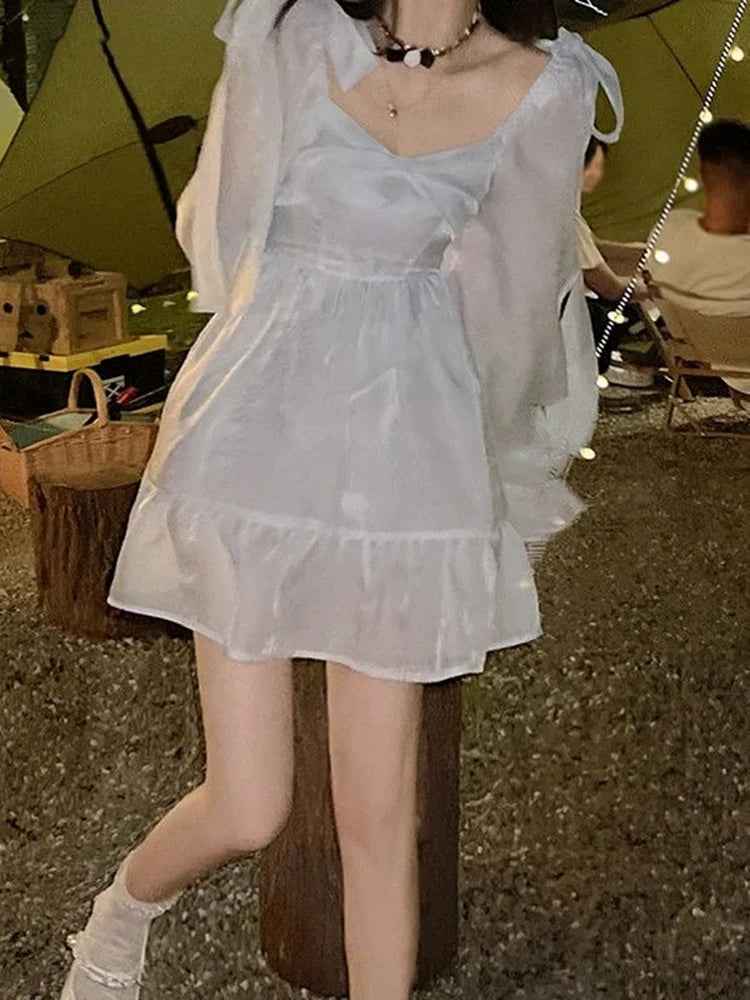 Voguable Winter Korean Fashion Long Sleeve Casual Lolita Dresses Female Vintage Y2K Beige Mini Dress Kawaii Blue One Piece Dress voguable