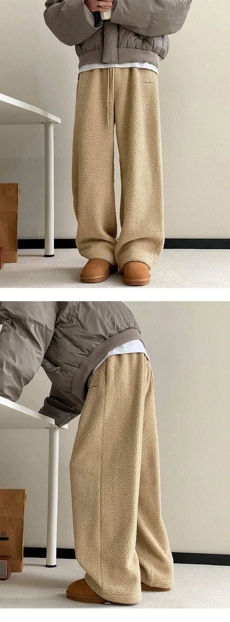 Winter Thick Casual Pants Men Warm Straight Velvet Pants Men Streetwear Loose Wide Leg Pants Mens Thicken Lamb Wool Trousers voguable