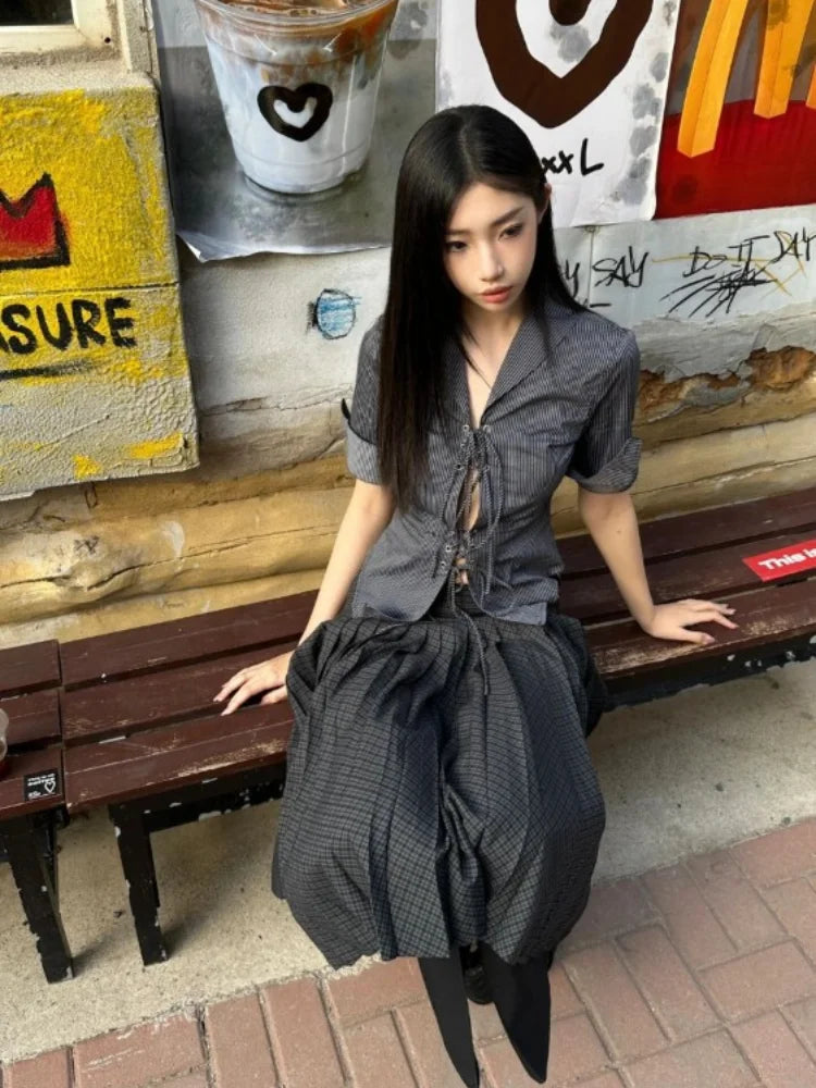 HOUZHOU Vintage Sexy Coquette Blouses Women Korean Style Punk Streetwear Striped Print Bandage Hollow Out Slim Shirts 2024 Y2k voguable