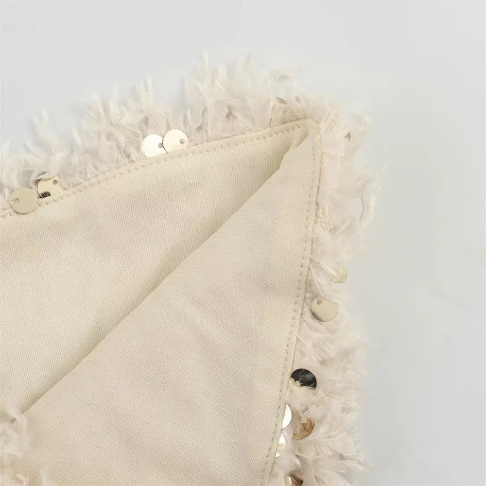 UNIZERA 2023 Winter New Product Women's Fashion and Casual Versatile Bra, Bead, and Feather Short Top voguable