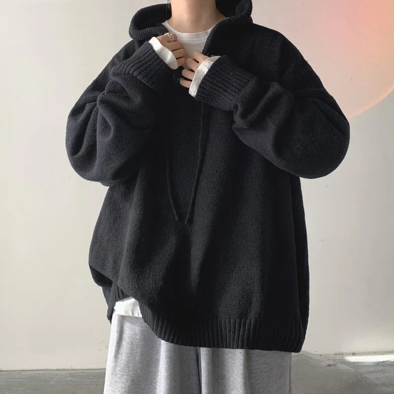 Voguable Men Pullover Hoodie Korean Style Classic Solid Color Casual Hoodies Oversized Loose Hooded Knitwear Men Knitted Pullovers voguable