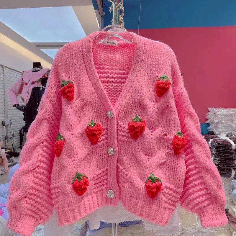 Autumn Winter Strawberry Knitting Women Cardigan Y2K Fashion Loose Long Sleeve Thicken Warm Sweater Korean Chic Preppy Sweater voguable