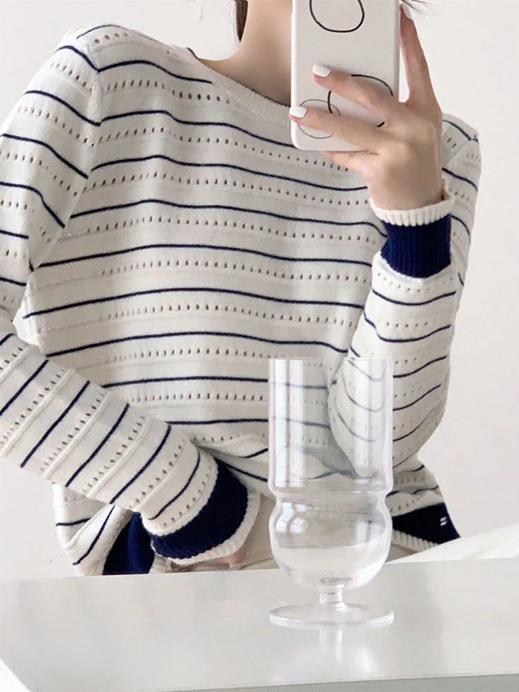 Vintage Elegant Striped Sweaters Women Loose O Neck Hollow Out Knitted Pullover French Retro Long Sleeve Casual Jumper Tops voguable