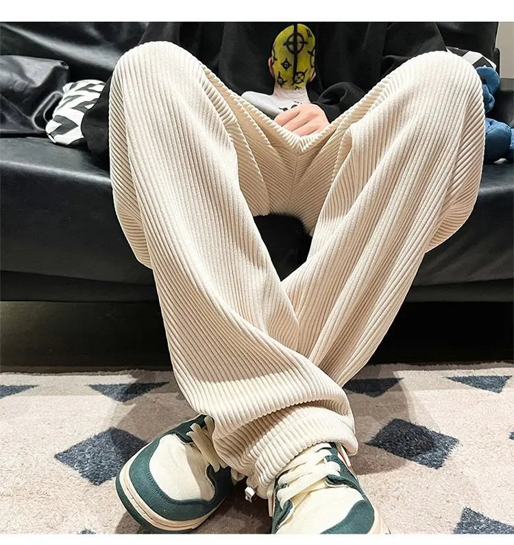 Autumn Corduroy Straight Trousers Men Loose Solid Casual Drape Trousers Harajuku Fashion Drawstring Street Wide Leg Sweatpant voguable
